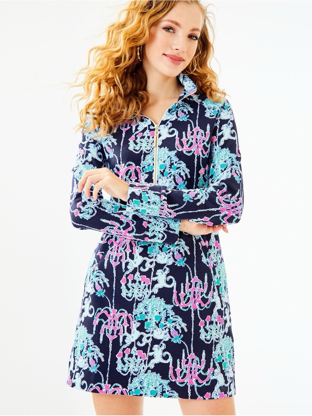 NWT, Women’s Lilly Pulitzer Popover Dress in Bright Navy Pop Monkey Trouble